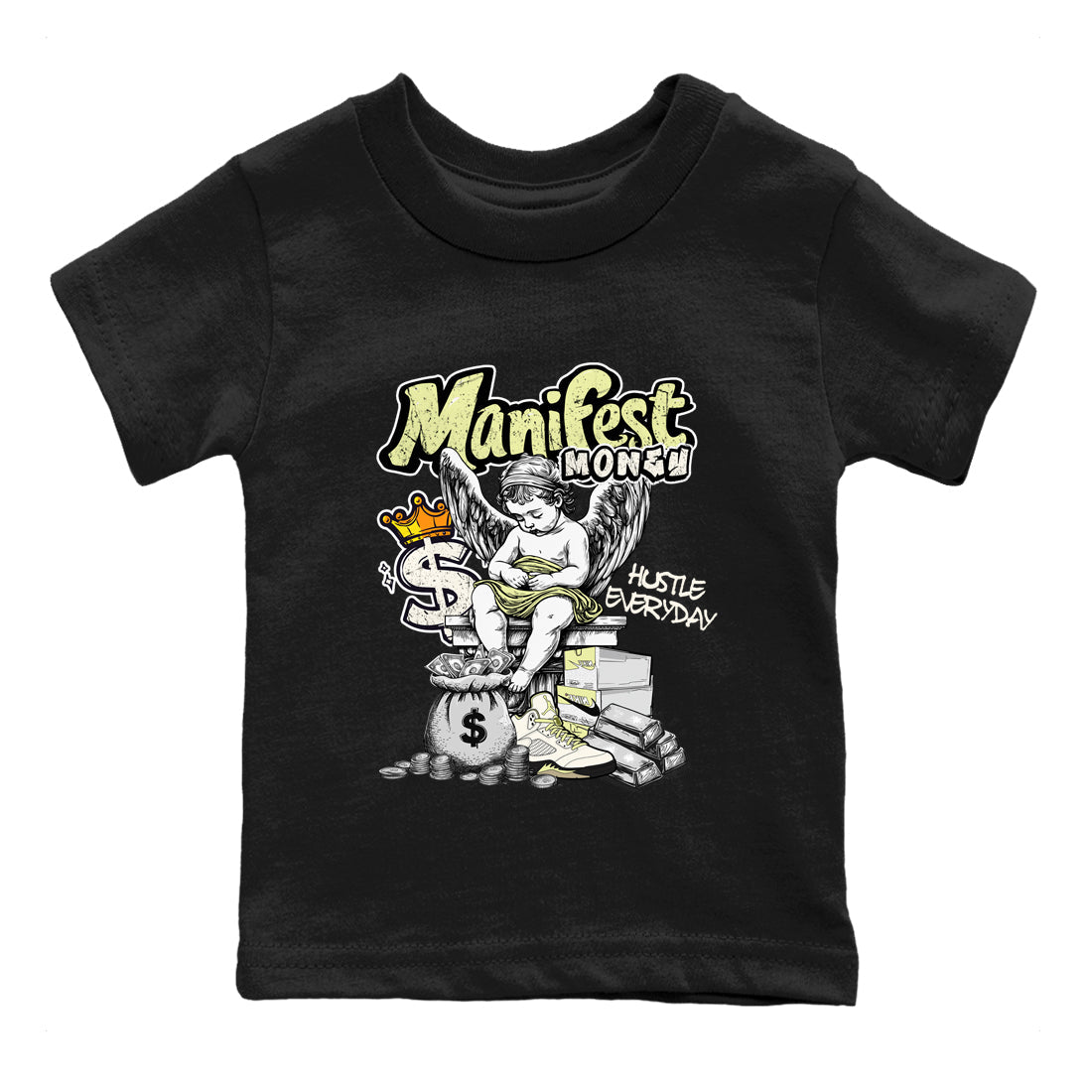 Sneaker match tees – Sneaker Tees To Match Air Jordan 5 Luminous Green Shoes – Manifest Money Kids T-Shirt Black 2