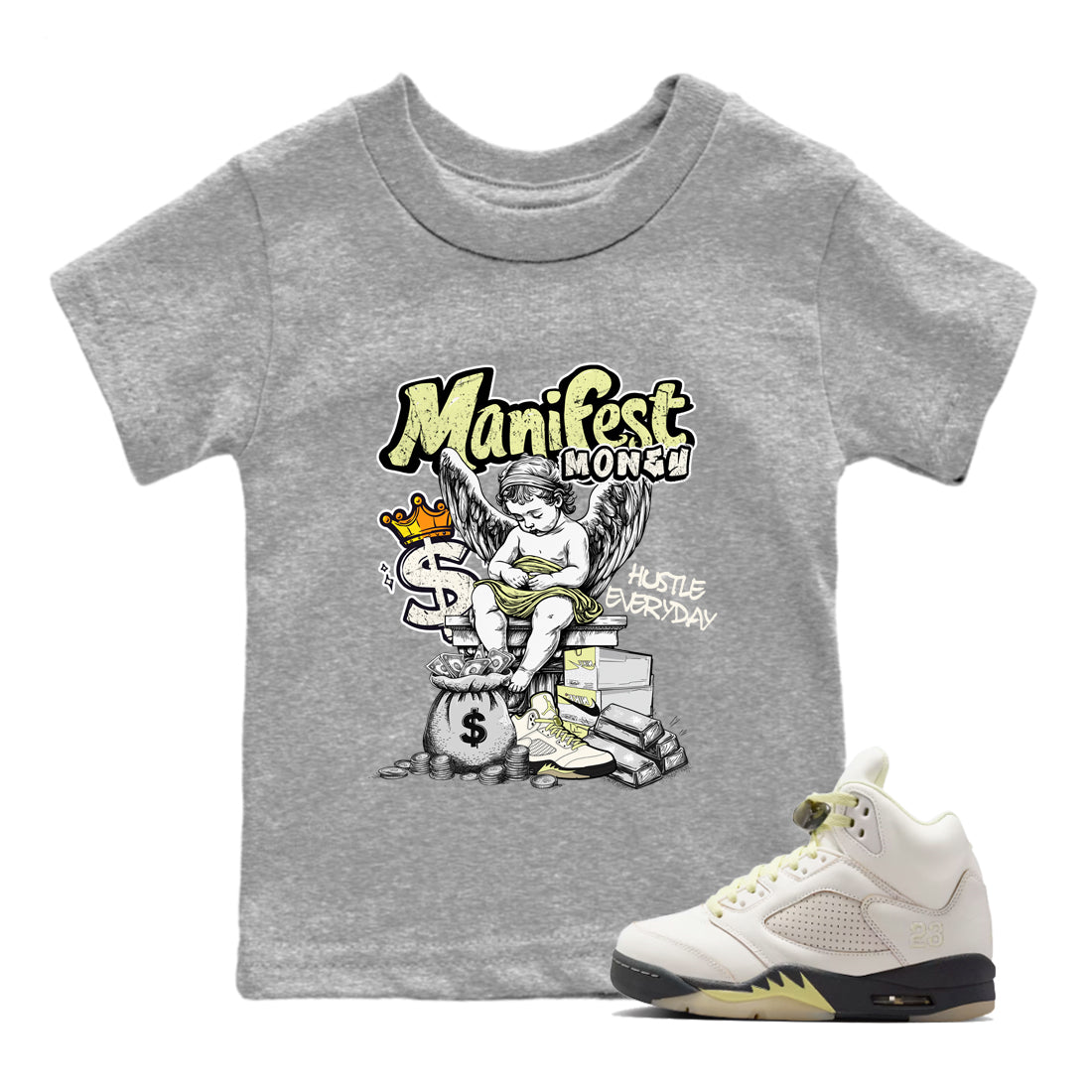 Sneaker match tees – Sneaker Tees To Match Air Jordan 5 Luminous Green Shoes – Manifest Money Kids T-Shirt Heather Grey 1