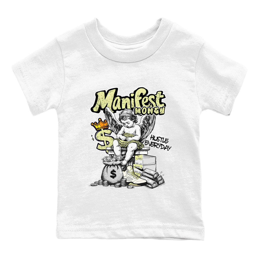 Sneaker match tees – Sneaker Tees To Match Air Jordan 5 Luminous Green Shoes – Manifest Money Kids T-Shirt White 2