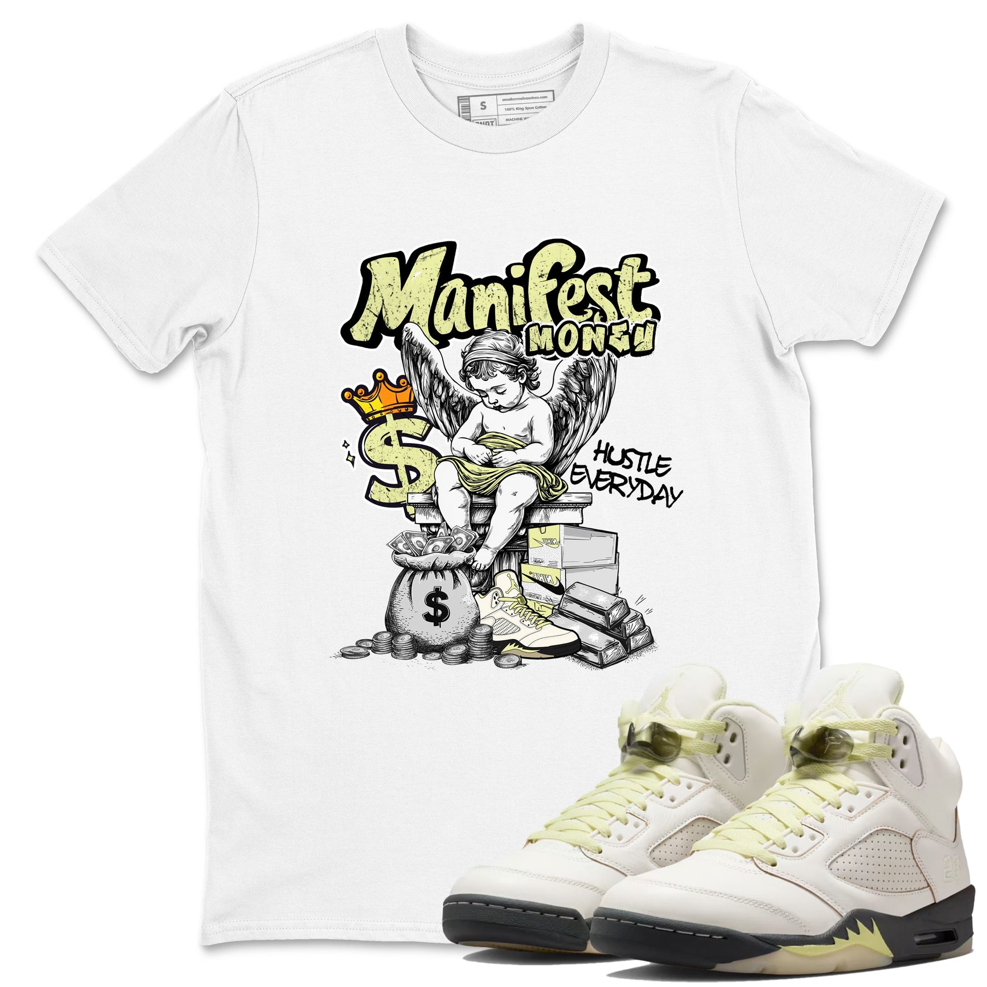 Sneaker match tees – Sneaker Tees To Match Air Jordan 5 Luminous Green Shoes – Manifest Money Tee White 1