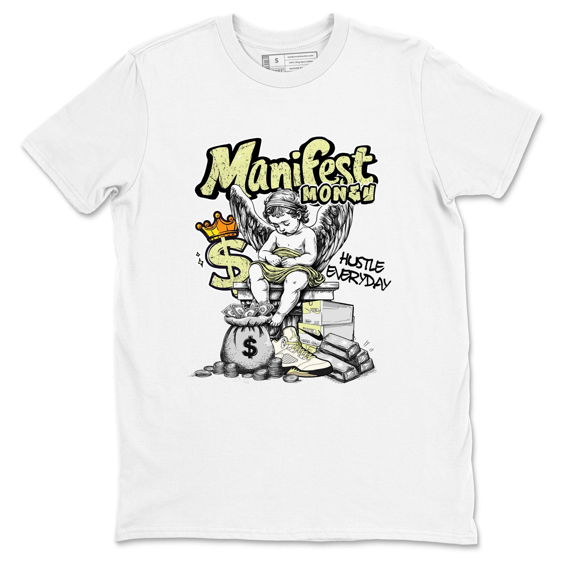Sneaker match tees – Sneaker Tees To Match Air Jordan 5 Luminous Green Shoes – Manifest Money Tee White 2