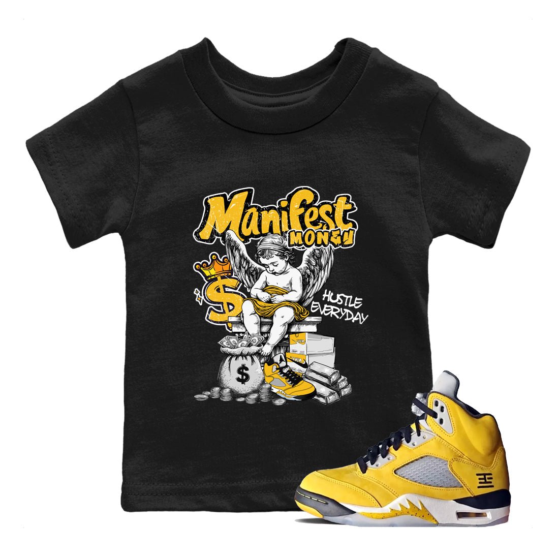 Sneaker match tees – Sneaker Tees To Match Air Jordan 5 Tokyo Shoes – Manifest Money Kids T-Shirt Black 1