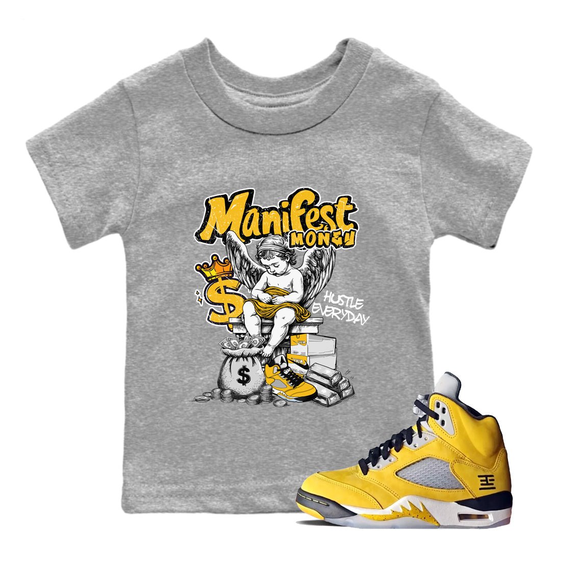 Sneaker match tees – Sneaker Tees To Match Air Jordan 5 Tokyo Shoes – Manifest Money Kids T-Shirt Heather Grey 1