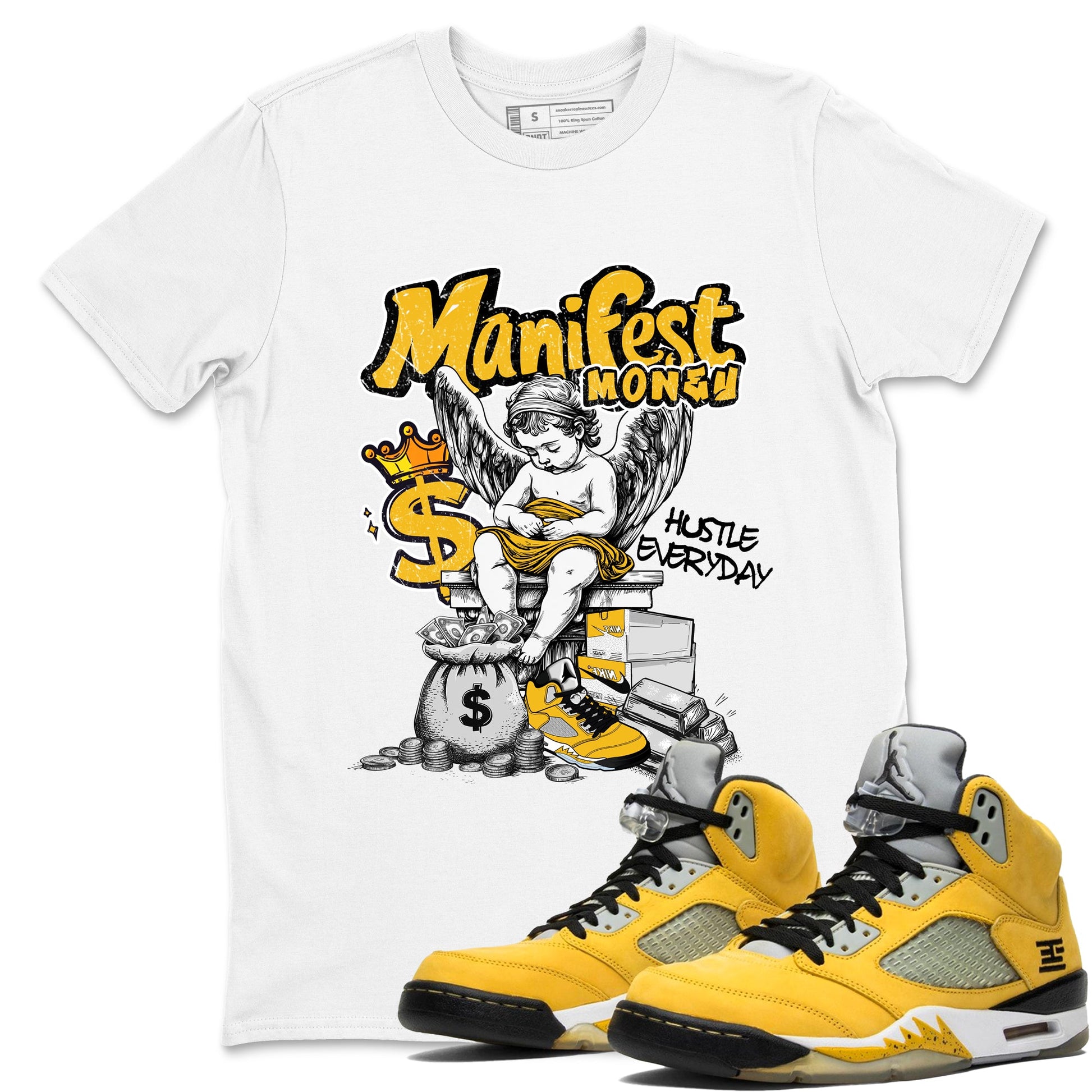 Sneaker match tees – Sneaker Tees To Match Air Jordan 5 Tokyo Shoes – Manifest Money Tee White 1