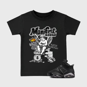 Sneaker match tees – Sneaker Tees To Match Air Jordan 6 Cap and Gown Shoes – Manifest Money Kids T-Shirt Black 1