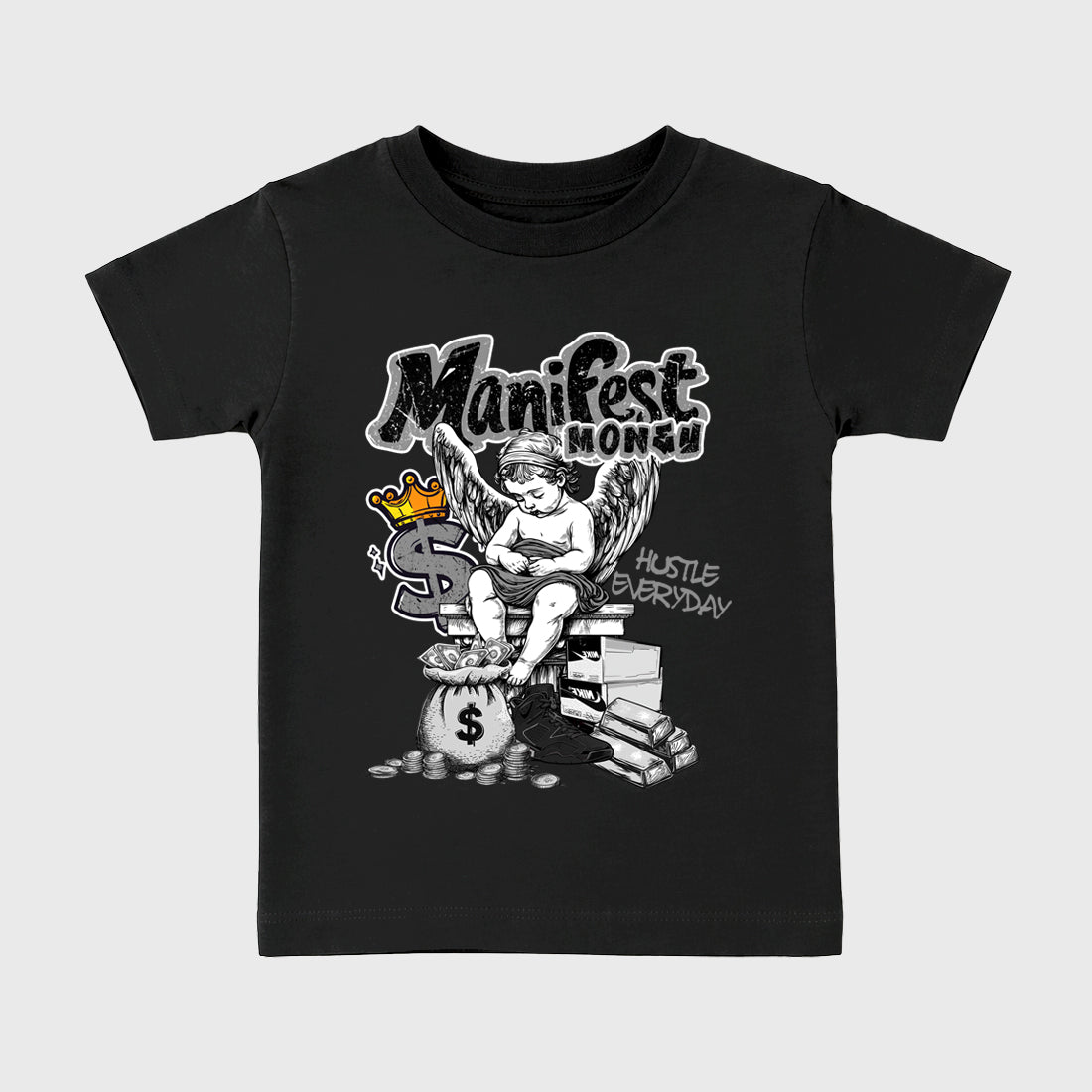 Sneaker match tees – Sneaker Tees To Match Air Jordan 6 Cap and Gown Shoes – Manifest Money Kids T-Shirt Black 2