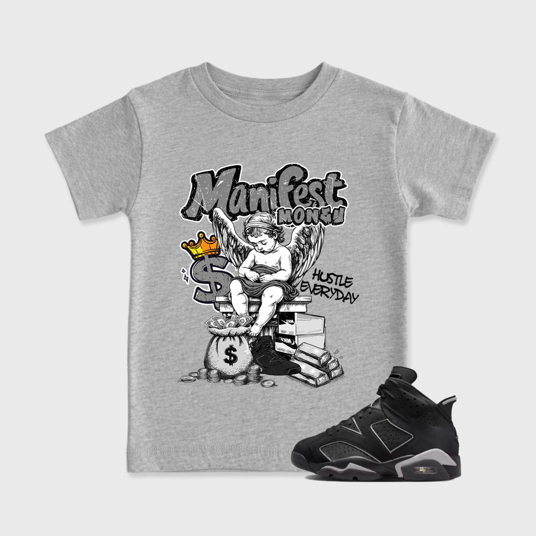 Sneaker match tees – Sneaker Tees To Match Air Jordan 6 Cap and Gown Shoes – Manifest Money Kids T-Shirt Heather Grey 1