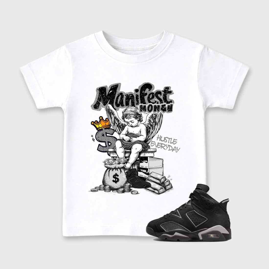 Sneaker match tees – Sneaker Tees To Match Air Jordan 6 Cap and Gown Shoes – Manifest Money Kids T-Shirt White 1