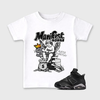 Sneaker match tees – Sneaker Tees To Match Air Jordan 6 Cap and Gown Shoes – Manifest Money Kids T-Shirt White 1