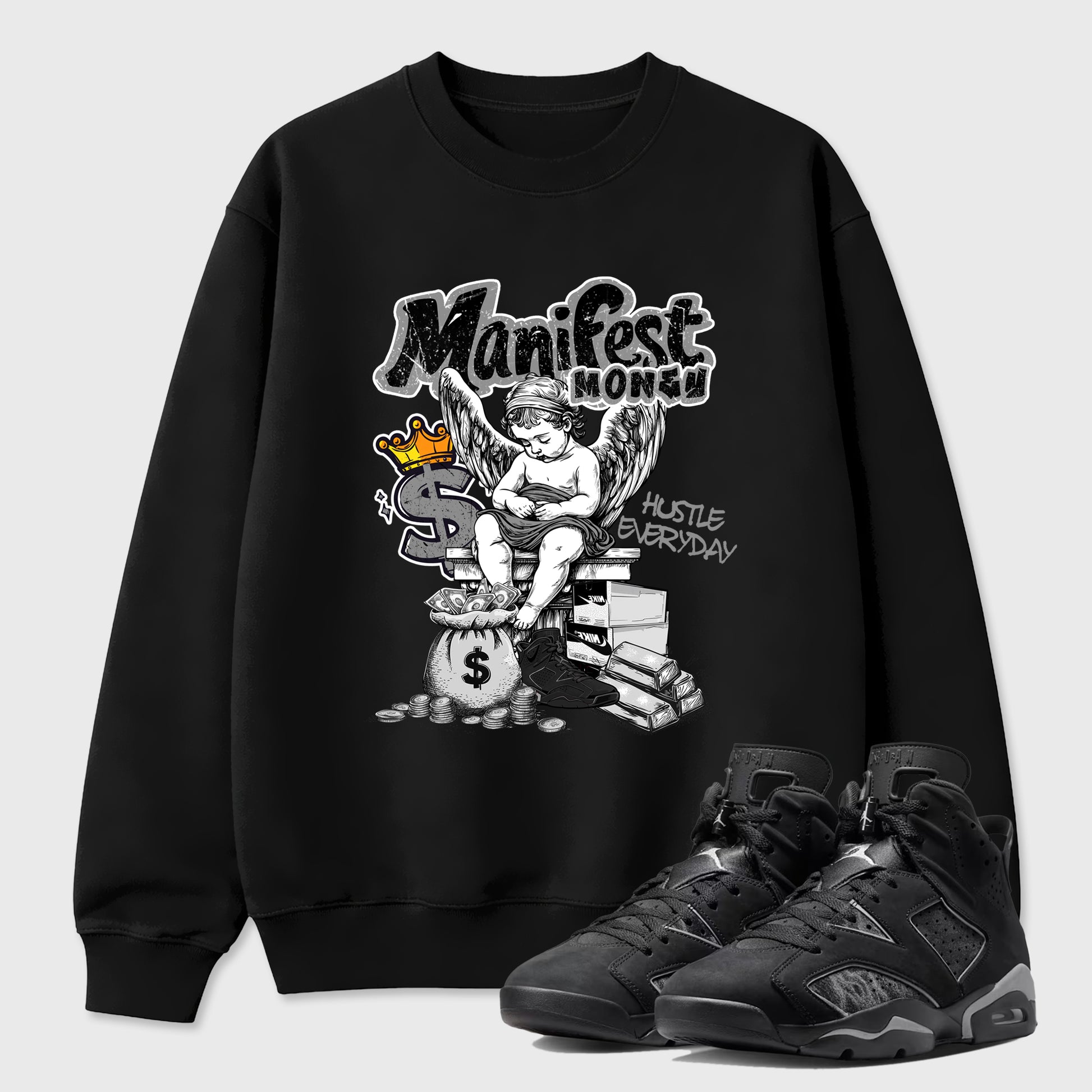 Sneaker match tees – Sneaker Tees To Match Air Jordan 6 Cap and Gown Shoes – Manifest Money Tee Black 1