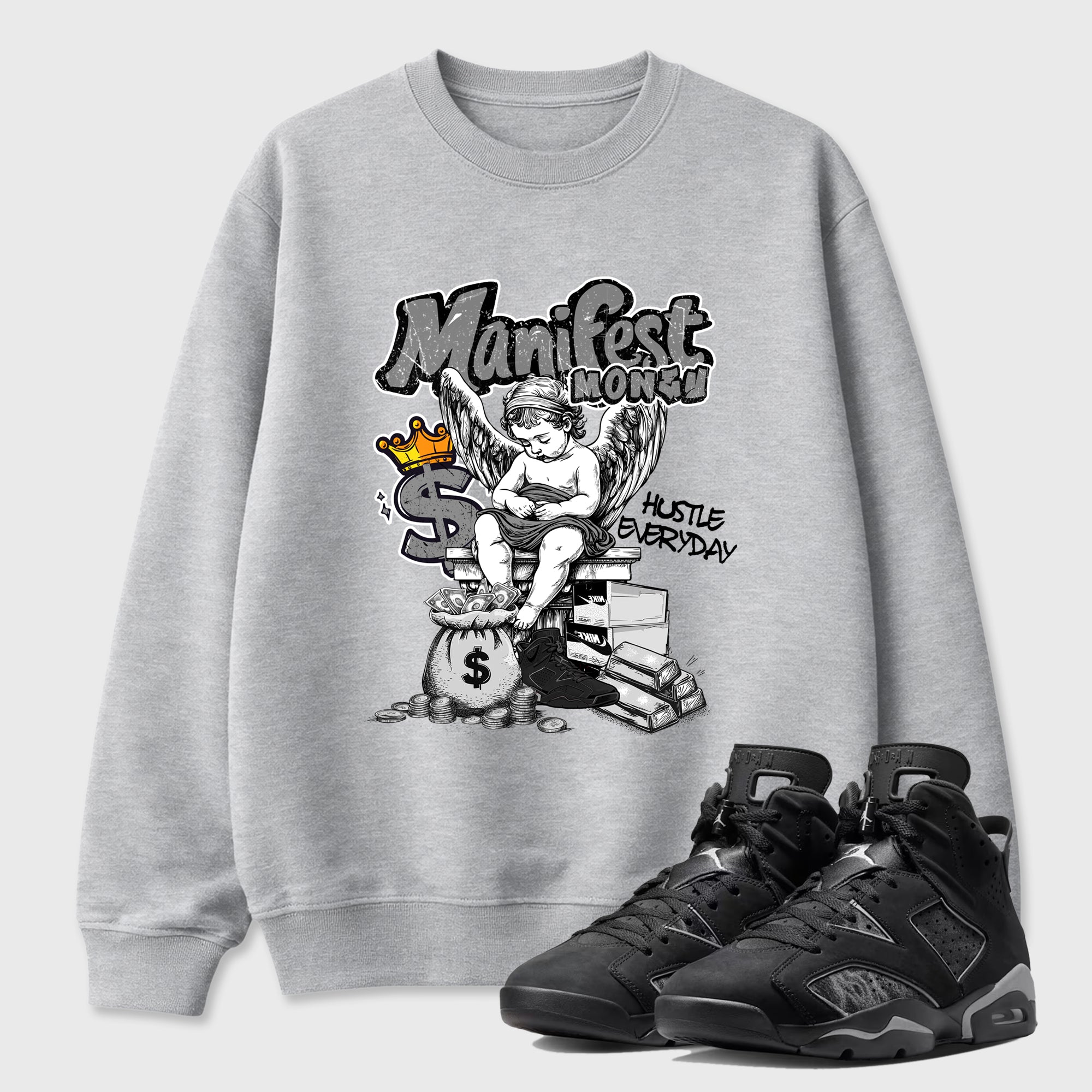 Sneaker match tees – Sneaker Tees To Match Air Jordan 6 Cap and Gown Shoes – Manifest Money Tee Heather Grey 1