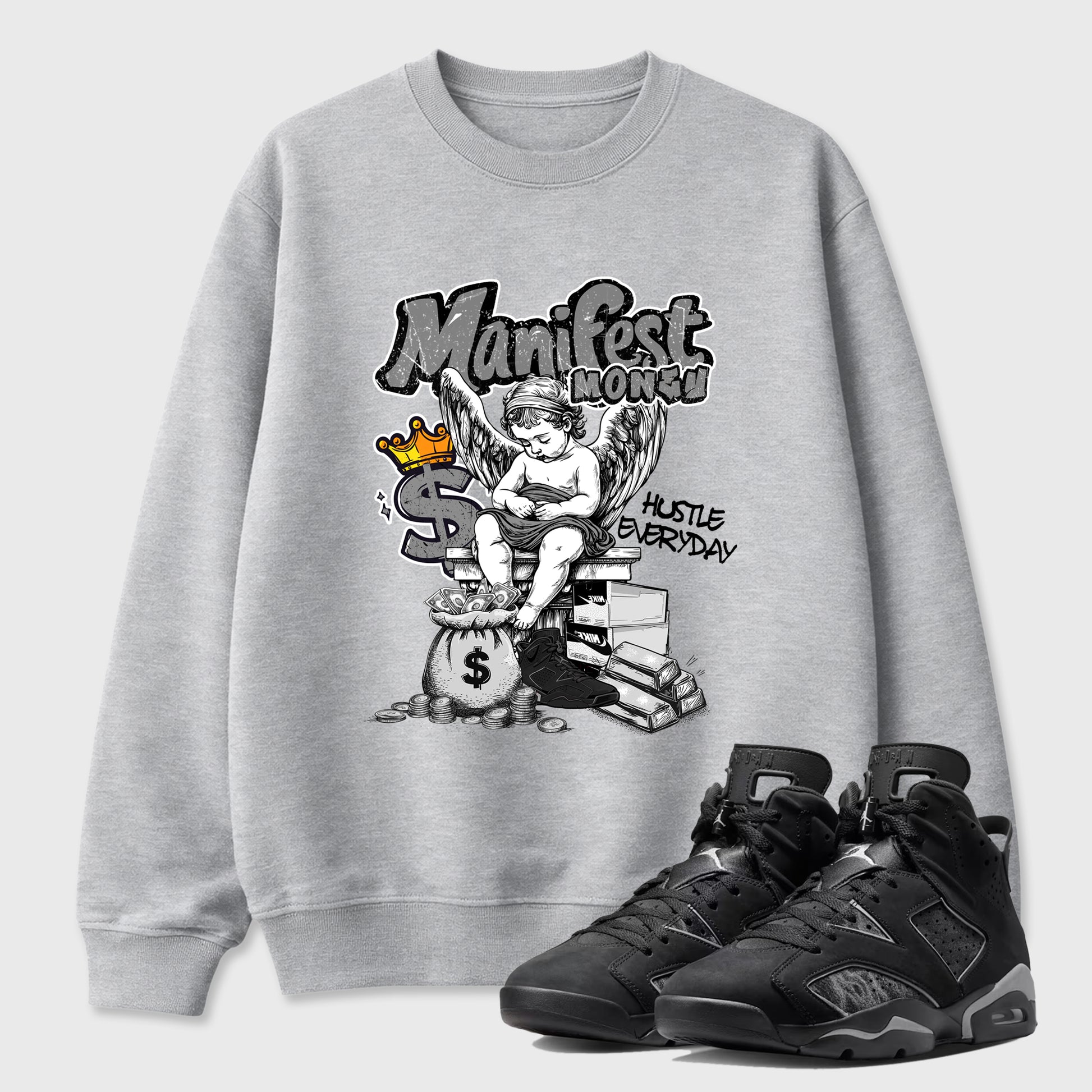 Sneaker match tees – Sneaker Tees To Match Air Jordan 6 Cap and Gown Shoes – Manifest Money Tee Heather Grey 1