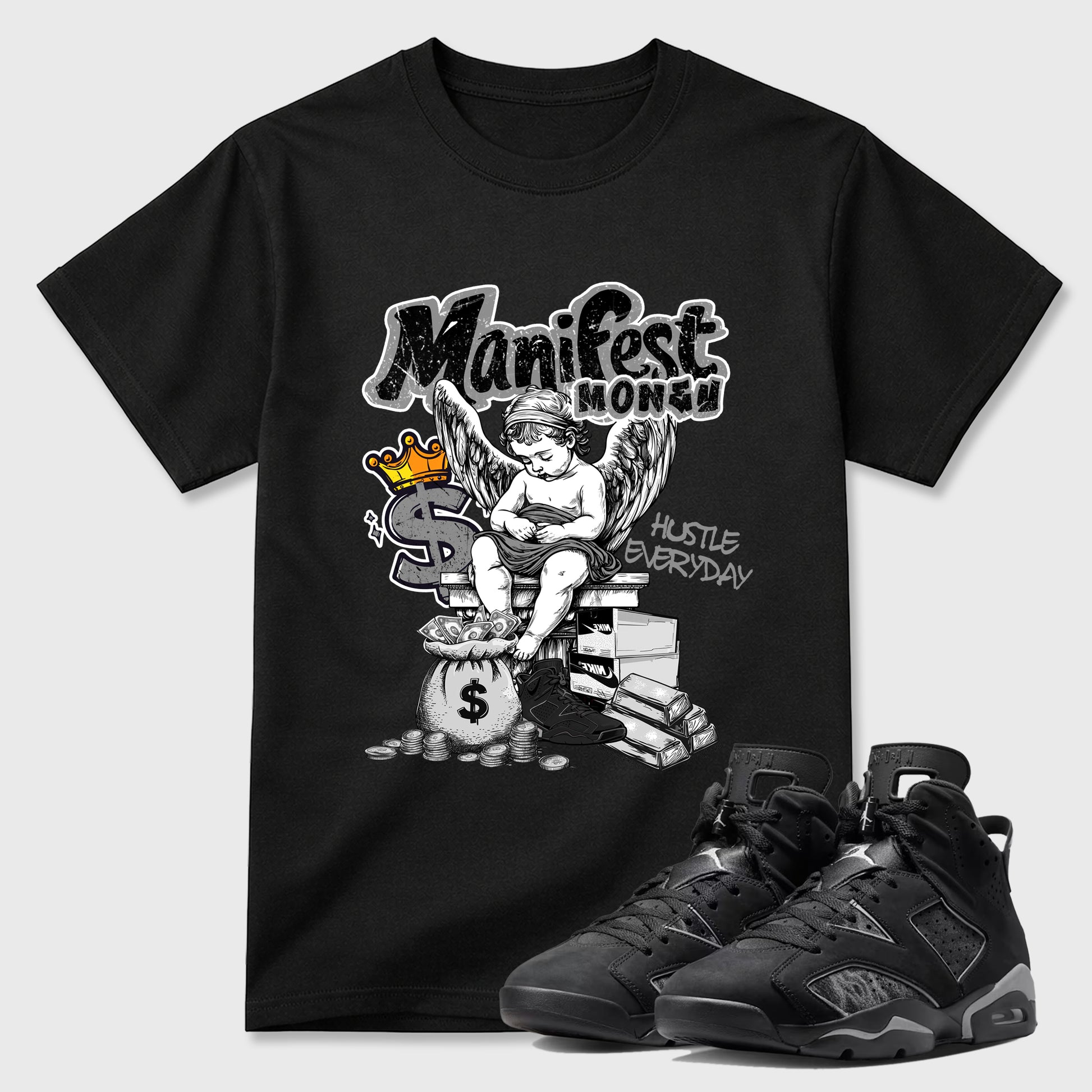 Sneaker match tees – Sneaker Tees To Match Air Jordan 6 Cap and Gown Shoes – Manifest Money Tee Black 1