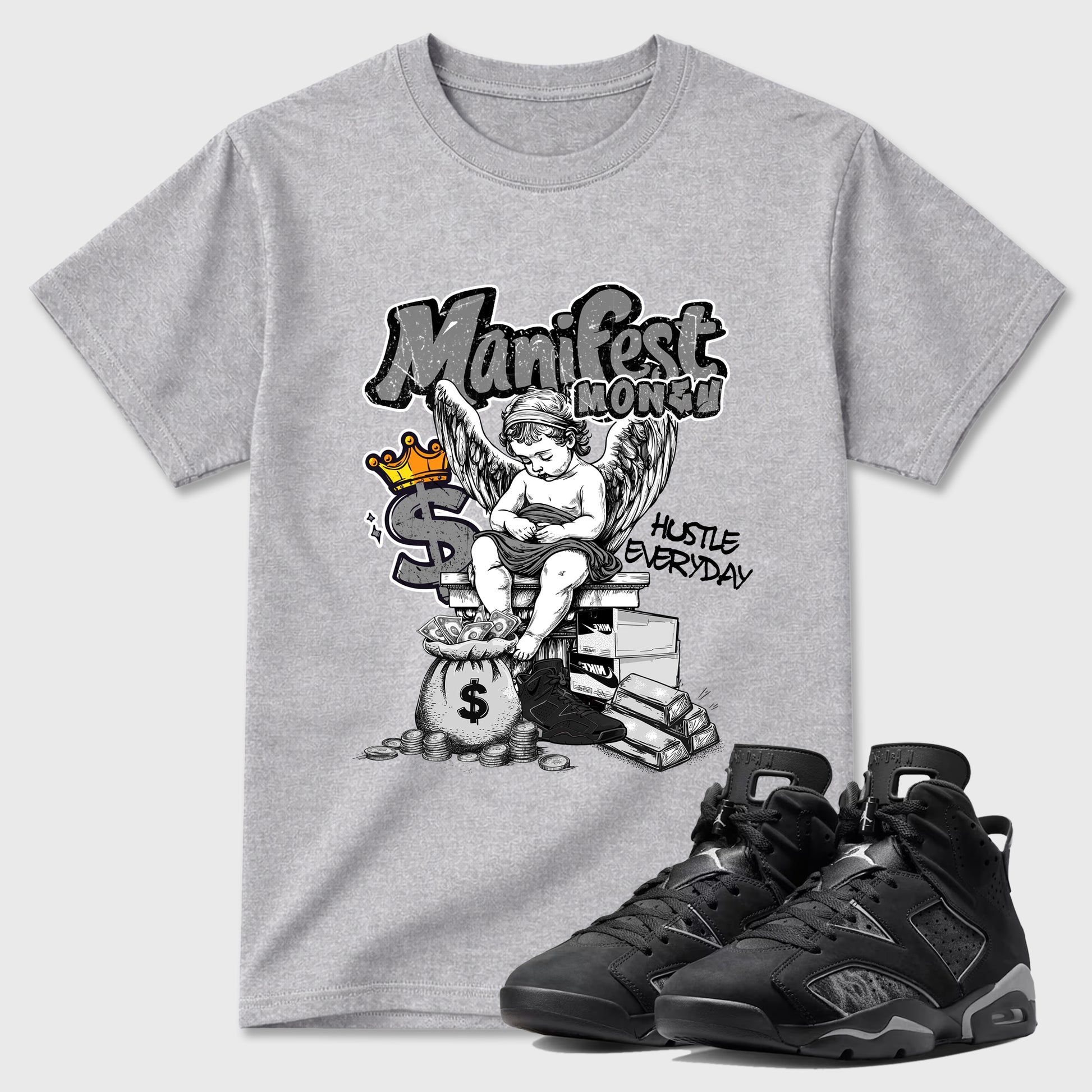 Sneaker match tees – Sneaker Tees To Match Air Jordan 6 Cap and Gown Shoes – Manifest Money Tee Heather Grey 1