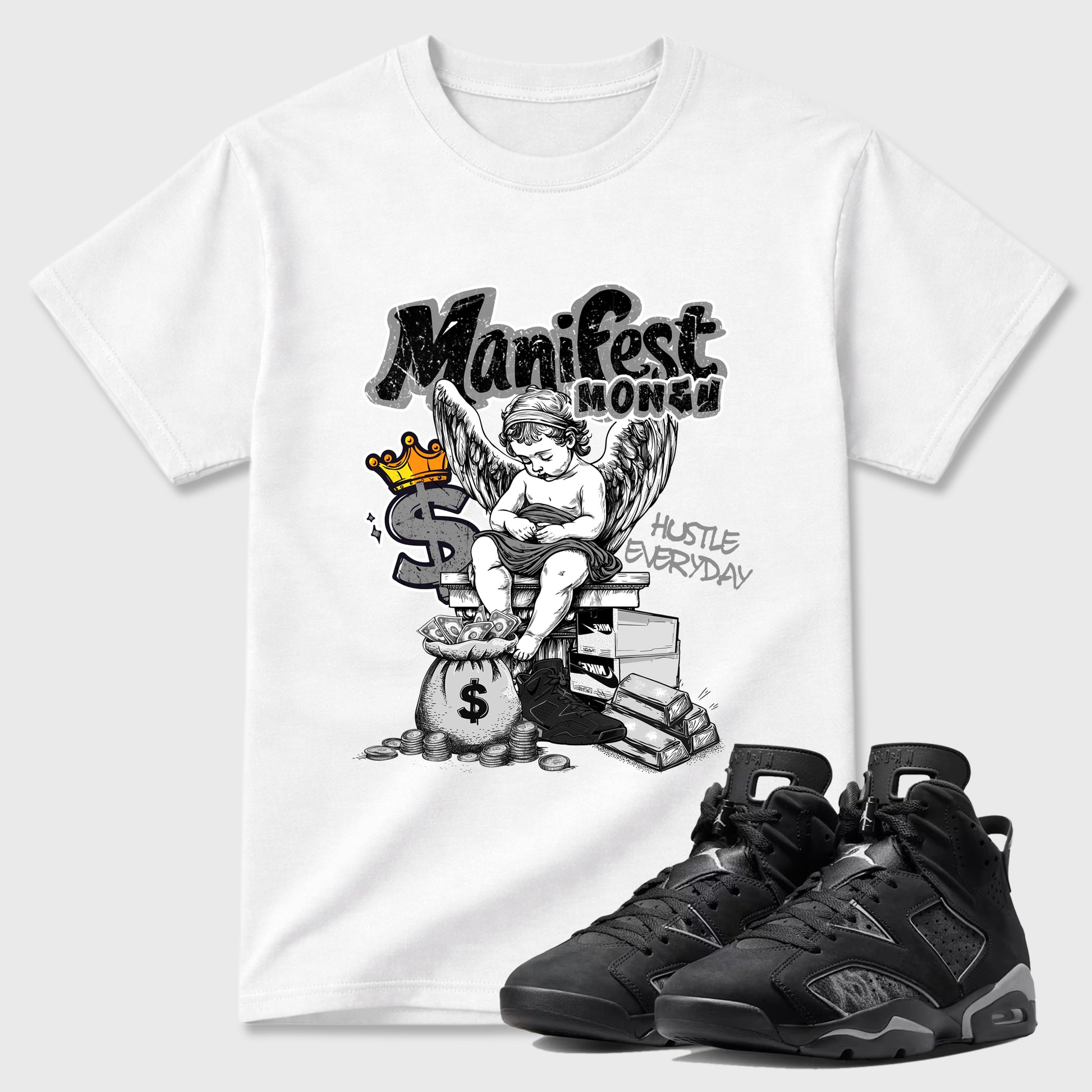 Sneaker match tees – Sneaker Tees To Match Air Jordan 6 Cap and Gown Shoes – Manifest Money Tee White 1