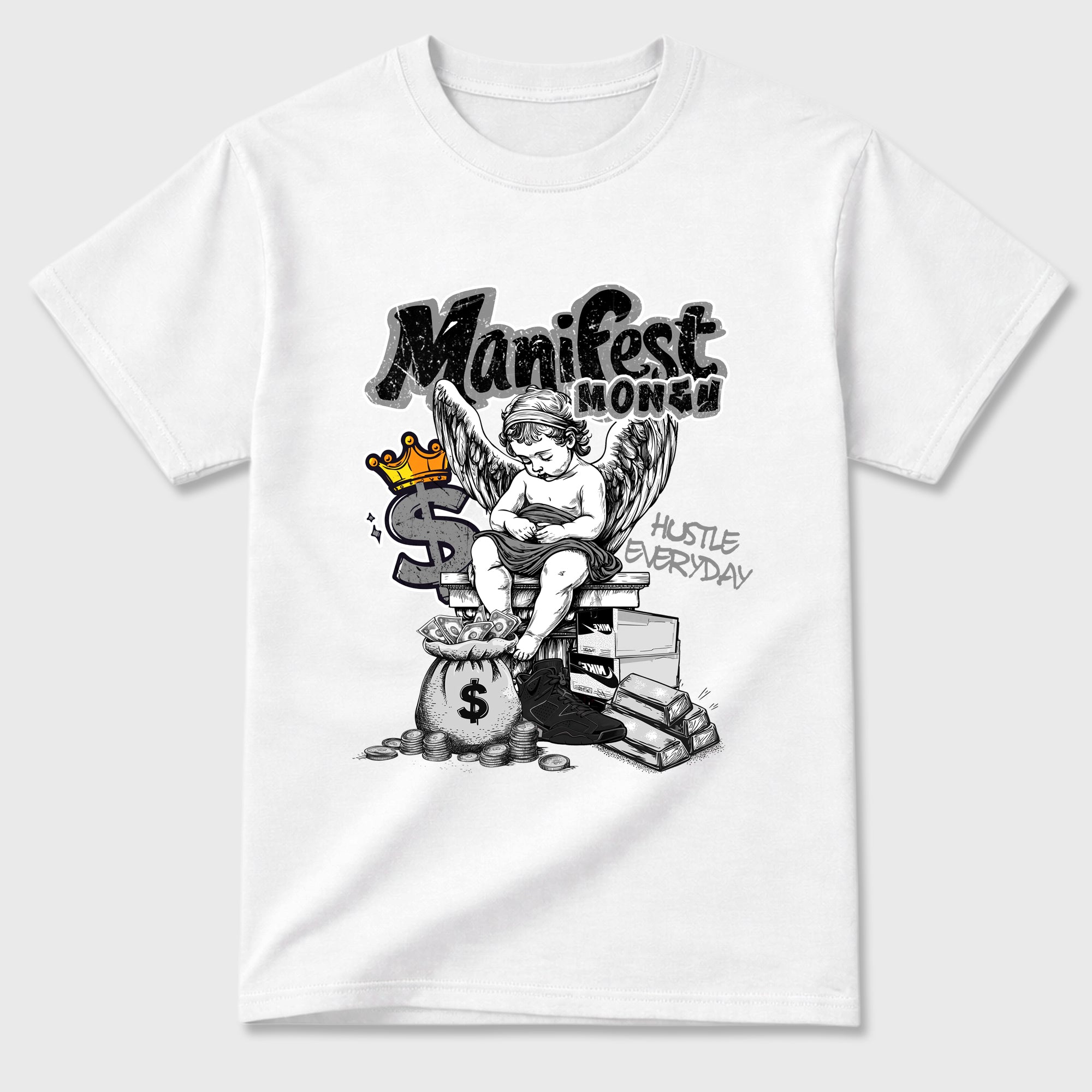 Sneaker match tees – Sneaker Tees To Match Air Jordan 6 Cap and Gown Shoes – Manifest Money Tee White 2