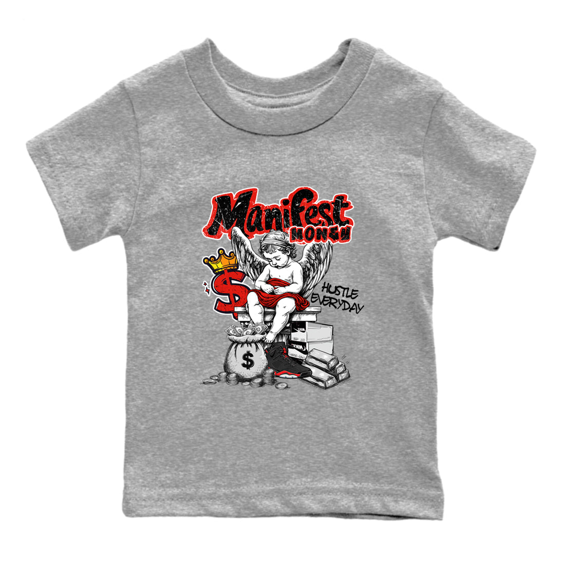 Sneaker match tees – Sneaker Tees To Match Air Jordan 6 Reverse Infrared Shoes – Manifest Money Kids T-Shirt Heather Grey 2