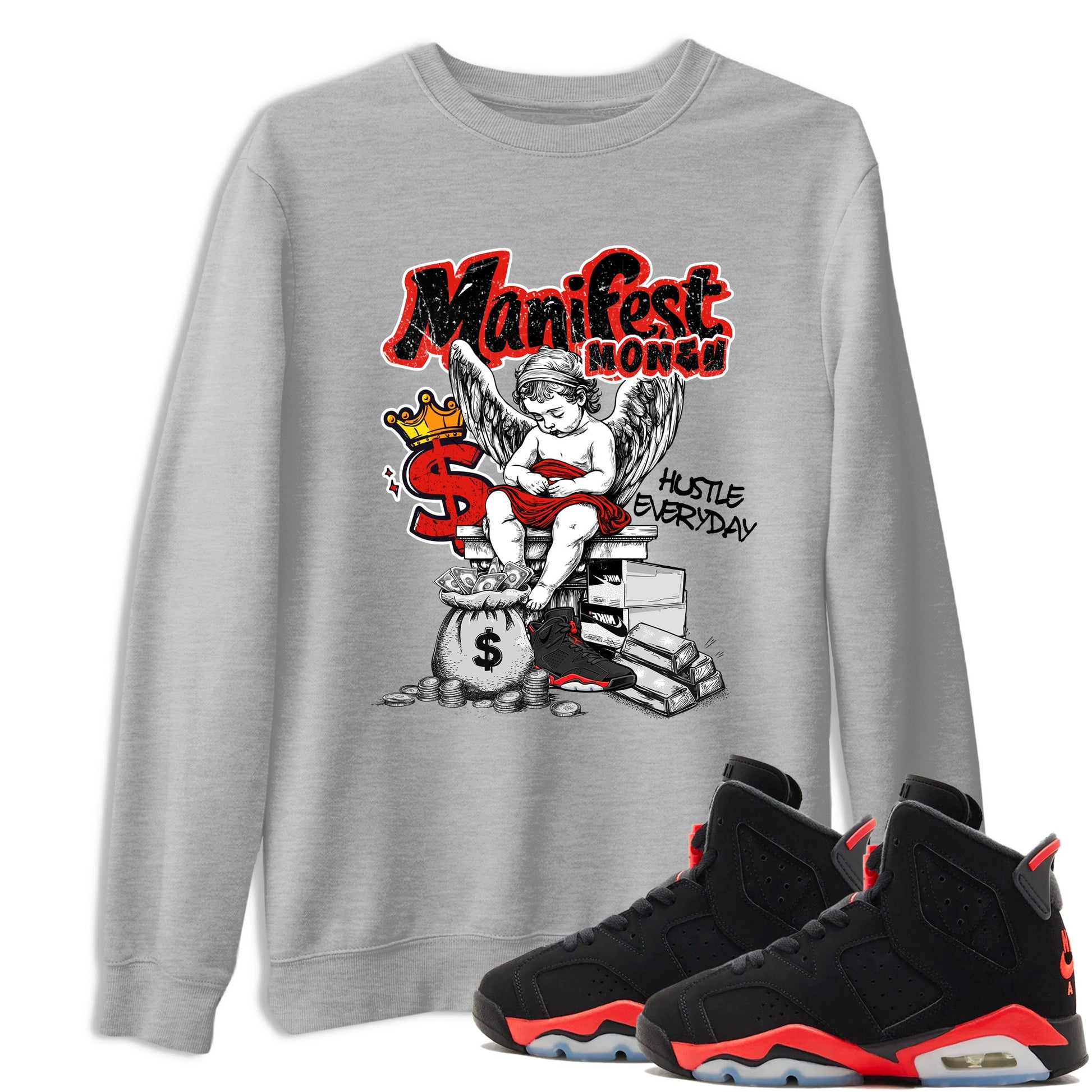Sneaker match tees – Sneaker Tees To Match Air Jordan 6 Reverse Infrared Shoes – Manifest Money Tee Heather Grey 1