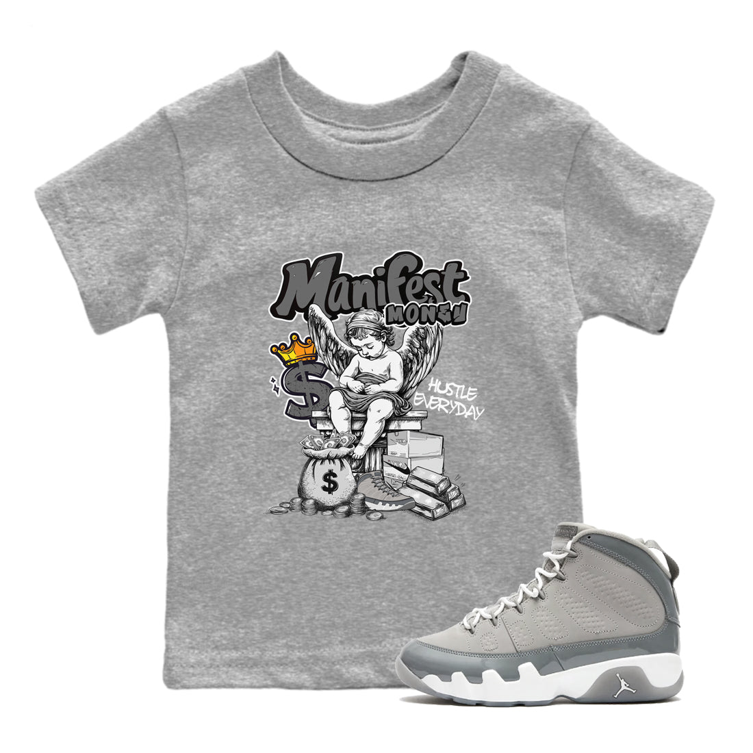 9s Cool Grey shirts to match jordans Manifest Money sneaker match tees Air Jordan 9 Retro Cool Grey match shoes to clothes SNRT Sneaker Tees Youth Baby Heather Grey 1 tee