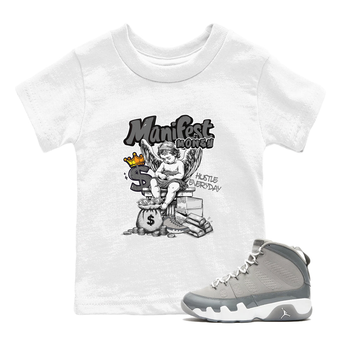 9s Cool Grey shirts to match jordans Manifest Money sneaker match tees Air Jordan 9 Retro Cool Grey match shoes to clothes SNRT Sneaker Tees Youth Baby White 1 tee