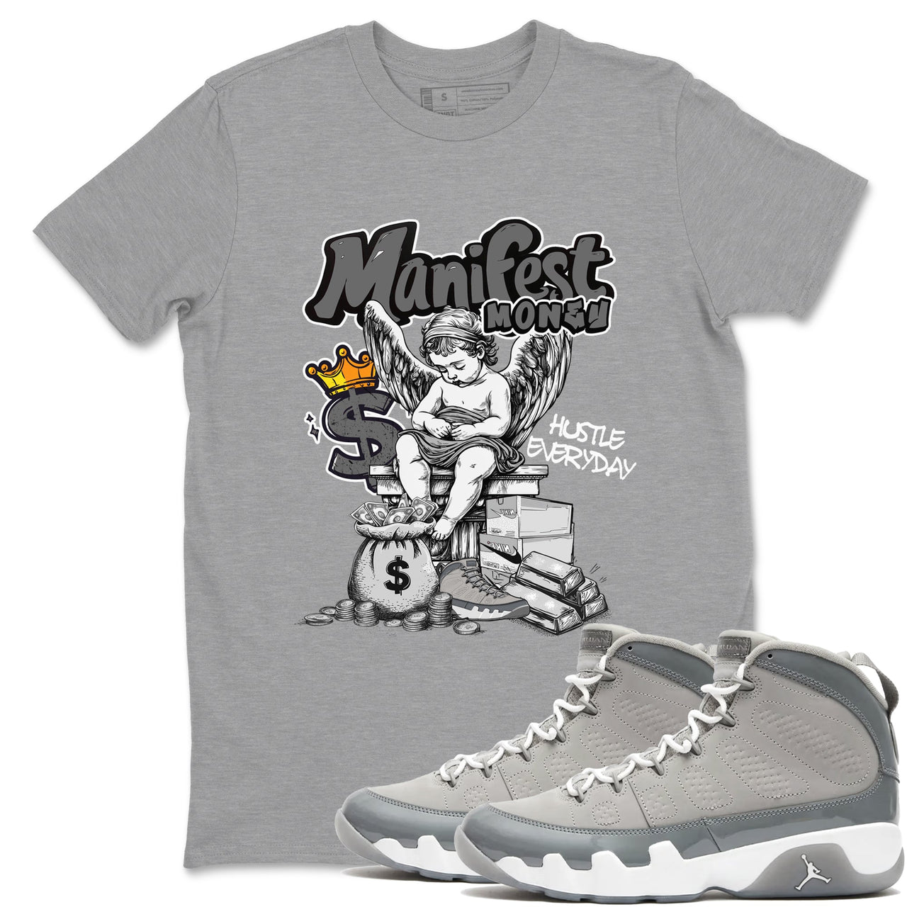 9s Cool Grey shirts to match jordans Manifest Money sneaker match tees Air Jordan 9 Retro Cool Grey match shoes to clothes SNRT Sneaker Tees unisex cotton Heather Grey 1 shirts