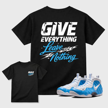 Max Effort sneaker match t-shirt styled to complete your fit with the Air Foamposite Pro University Blue sneakers, shown in Black.