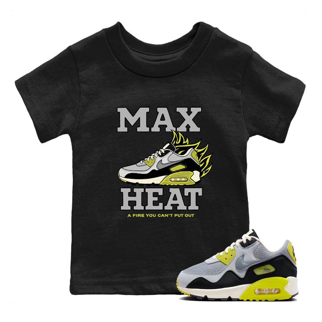 Max Heat baby and kids t-shirt crafted for little sneakerheads to shine with the Air Max 90 Cyber sneakers, displayed in Black 1.