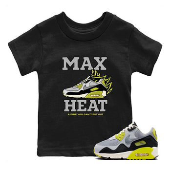 Max Heat baby and kids t-shirt crafted for little sneakerheads to shine with the Air Max 90 Cyber sneakers, displayed in Black 1.