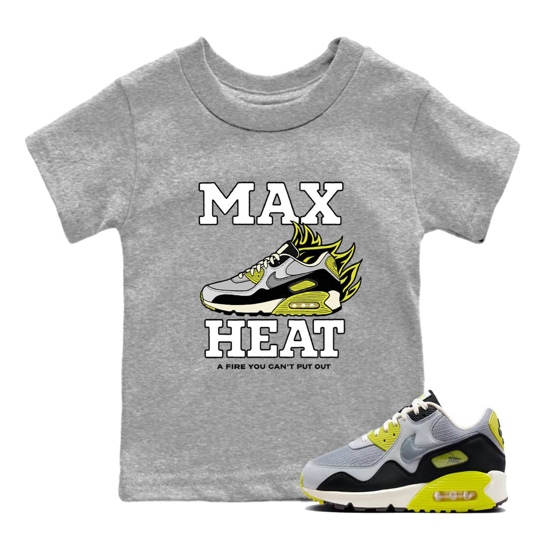 Max Heat baby and kids t-shirt crafted for little sneakerheads to shine with the Air Max 90 Cyber sneakers, displayed in Heather Grey 1.