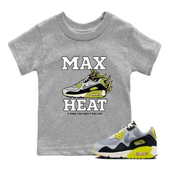 Max Heat baby and kids t-shirt crafted for little sneakerheads to shine with the Air Max 90 Cyber sneakers, displayed in Heather Grey 1.