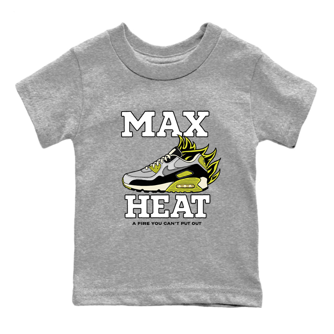 Max Heat baby and kids t-shirt crafted for little sneakerheads to shine with the Air Max 90 Cyber sneakers, displayed in Heather Grey 2.