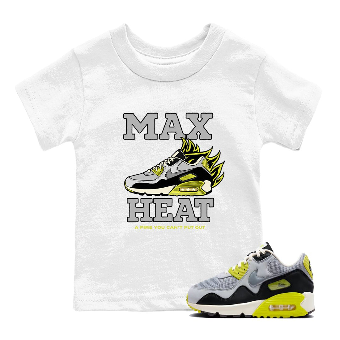 Max Heat baby and kids t-shirt crafted for little sneakerheads to shine with the Air Max 90 Cyber sneakers, displayed in White 1.