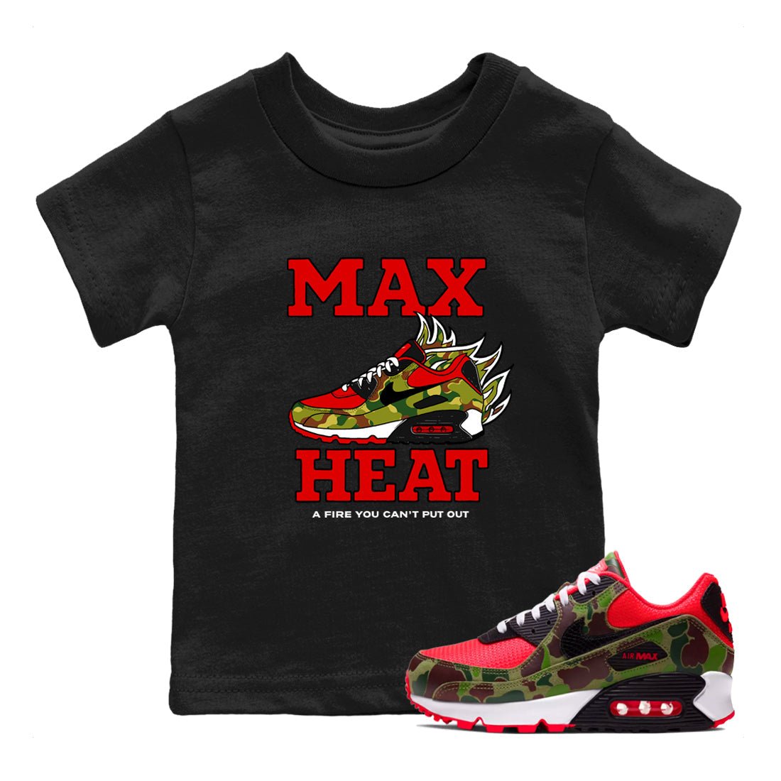 Max Heat baby and kids t-shirt crafted for little sneakerheads to shine with the Air Max 90 Reverse Duck Camo sneakers, displayed in Black 1.