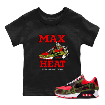 Max Heat baby and kids t-shirt crafted for little sneakerheads to shine with the Air Max 90 Reverse Duck Camo sneakers, displayed in Black 1.