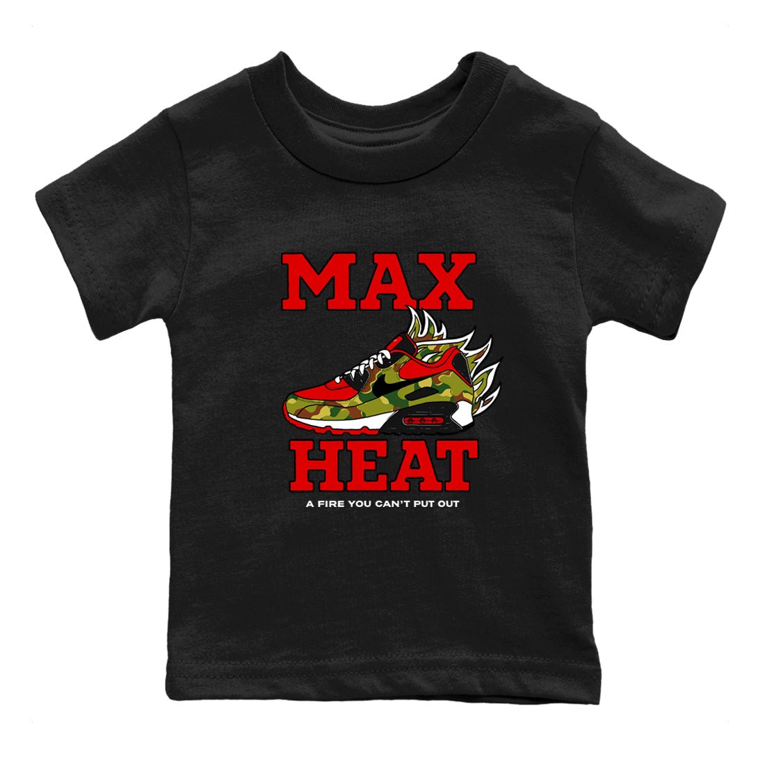 Max Heat baby and kids t-shirt crafted for little sneakerheads to shine with the Air Max 90 Reverse Duck Camo sneakers, displayed in Black 2.