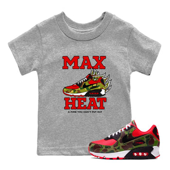 Max Heat baby and kids t-shirt crafted for little sneakerheads to shine with the Air Max 90 Reverse Duck Camo sneakers, displayed in Heather Grey 1.