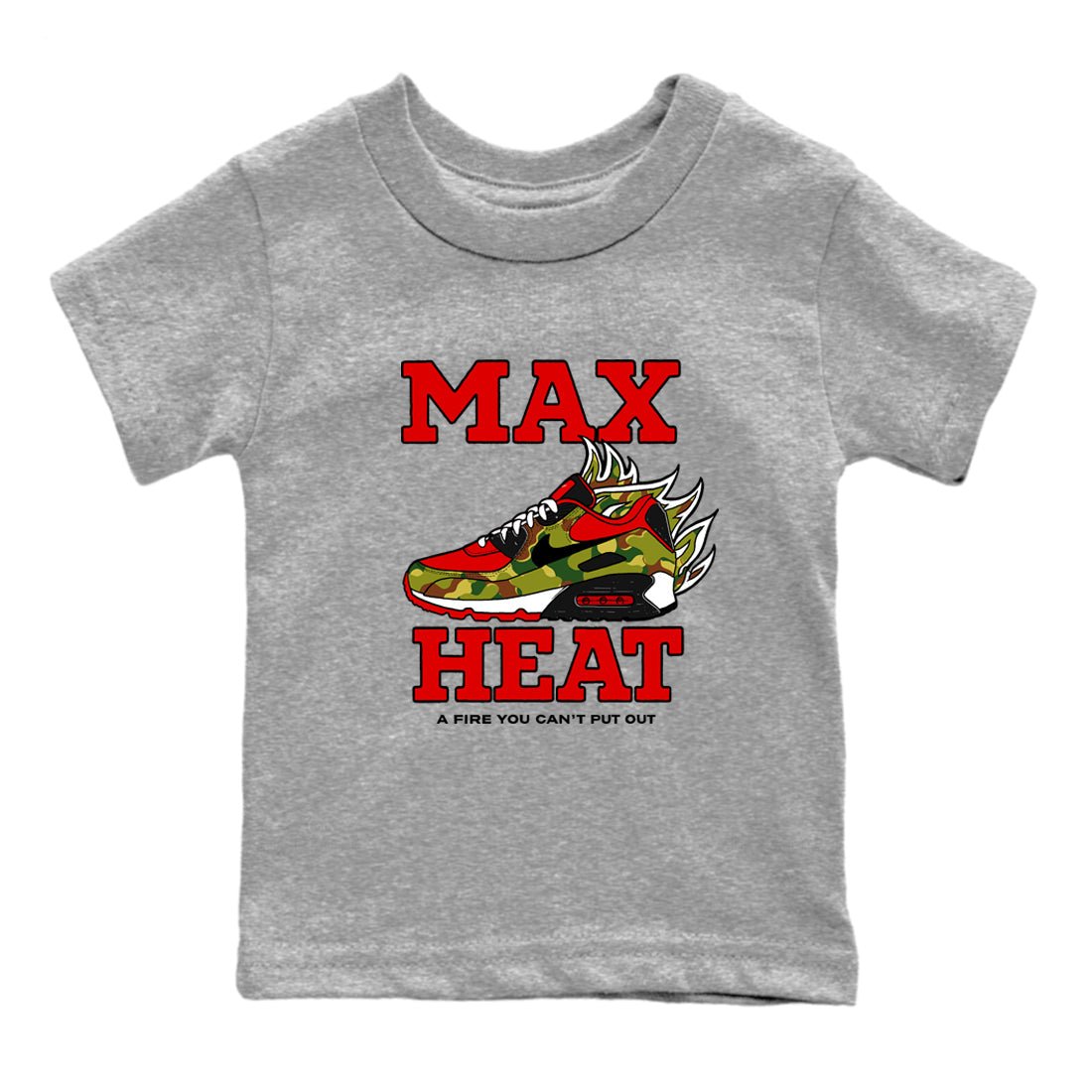 Max Heat baby and kids t-shirt crafted for little sneakerheads to shine with the Air Max 90 Reverse Duck Camo sneakers, displayed in Heather Grey 2.