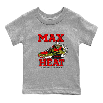 Max Heat baby and kids t-shirt crafted for little sneakerheads to shine with the Air Max 90 Reverse Duck Camo sneakers, displayed in Heather Grey 2.
