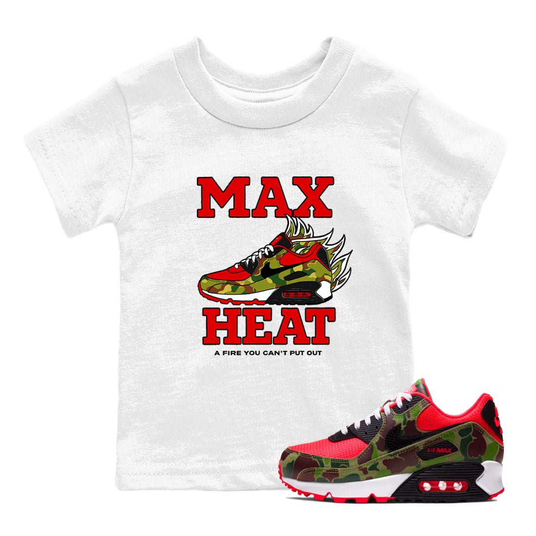Max Heat baby and kids t-shirt crafted for little sneakerheads to shine with the Air Max 90 Reverse Duck Camo sneakers, displayed in White 1.