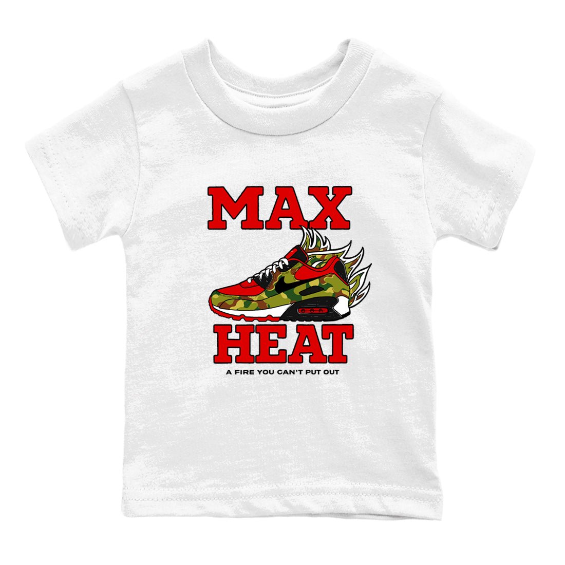 Max Heat baby and kids t-shirt crafted for little sneakerheads to shine with the Air Max 90 Reverse Duck Camo sneakers, displayed in White 2.