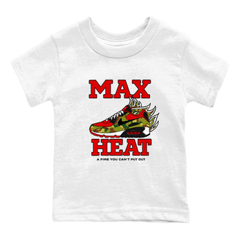 Max Heat baby and kids t-shirt crafted for little sneakerheads to shine with the Air Max 90 Reverse Duck Camo sneakers, displayed in White 2.