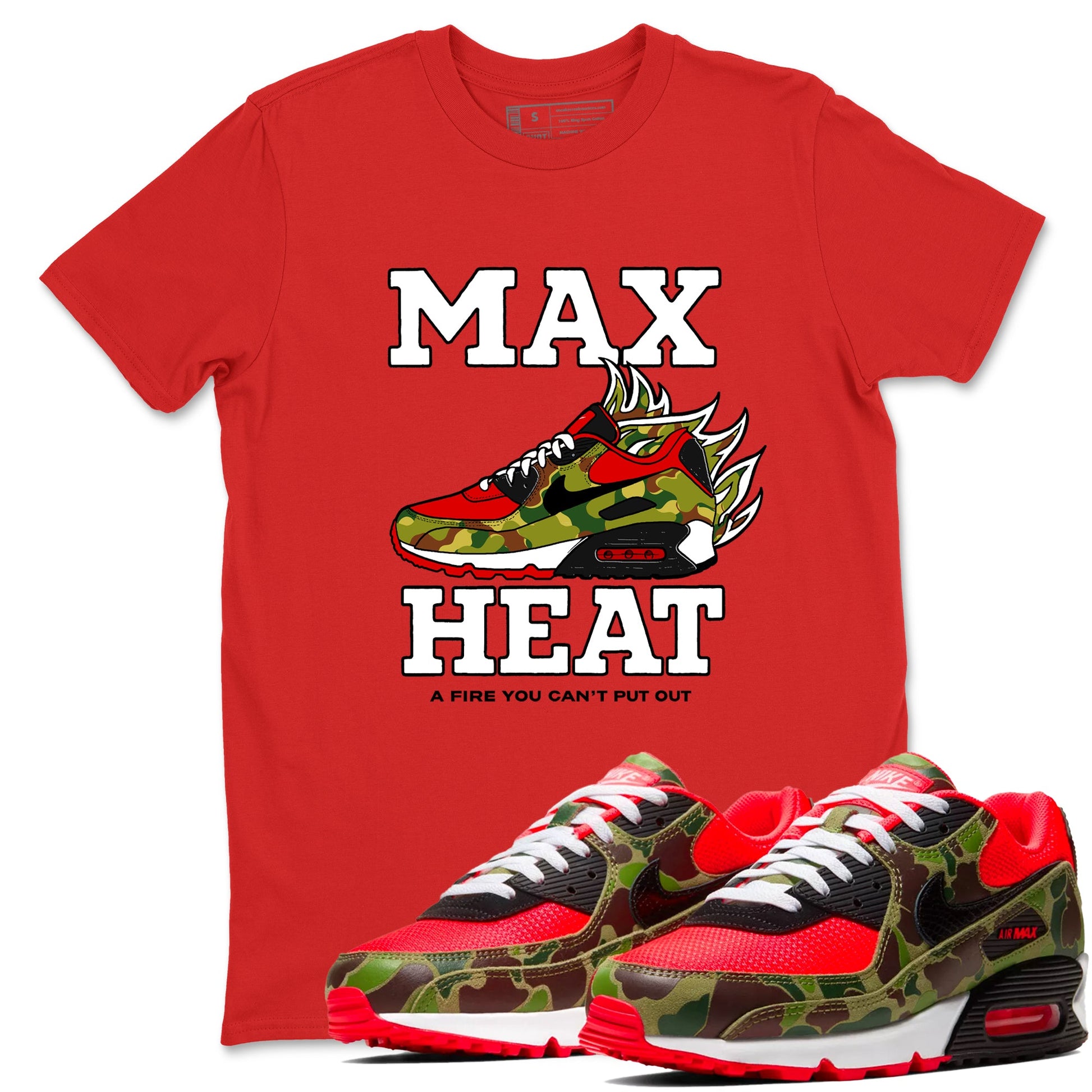 Max Heat sneaker match t-shirt styled to complete your fit with the Air Max 90 Reverse Duck Camo sneakers, shown in Red 1.