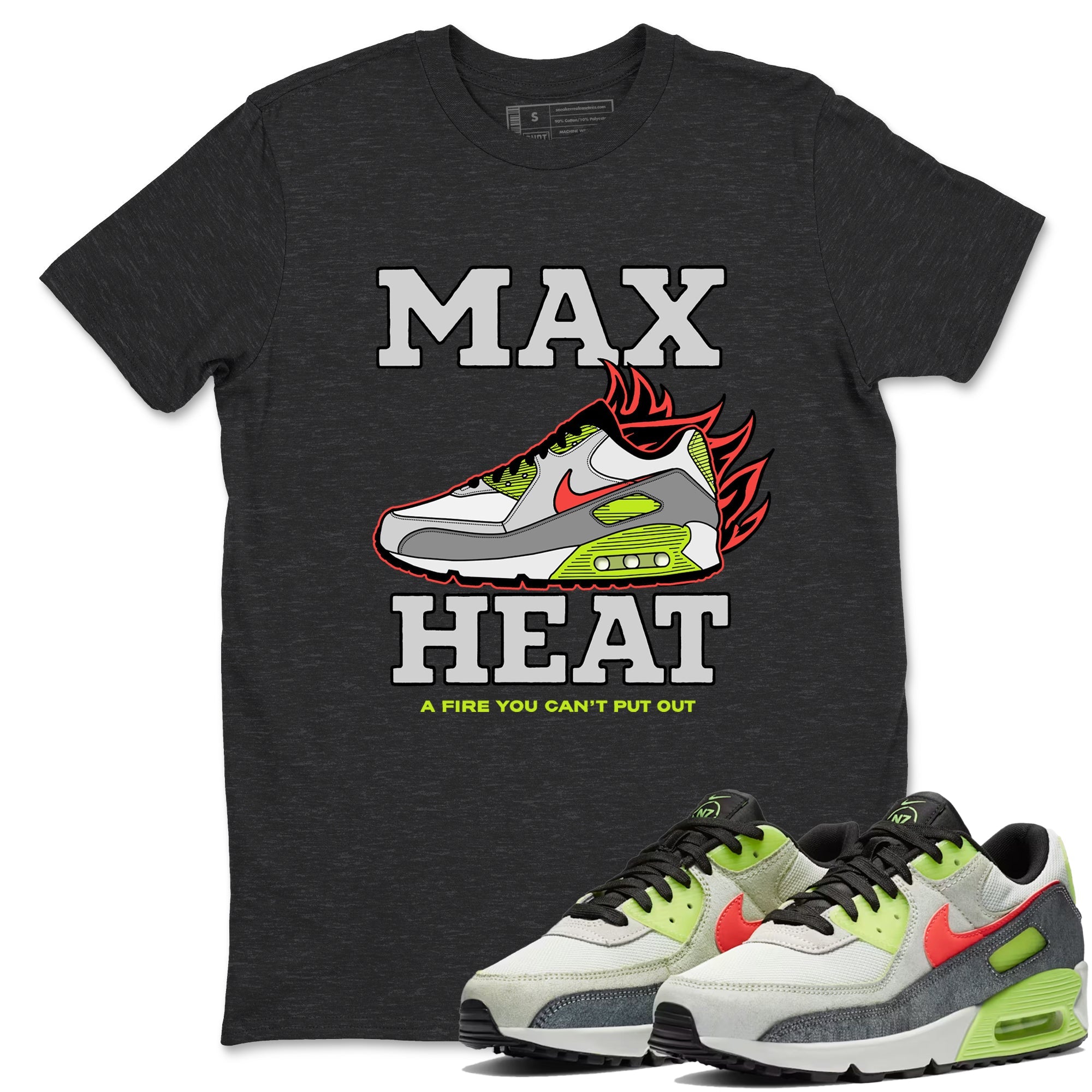 Sneaker Threads – Sneaker Tees To Match Air Max 90 Spruce Aura and Ghost Green – Max Heat Graphic Tee Charcoal Heather 1. Perfect for Jordan releases 2025 colorways.
