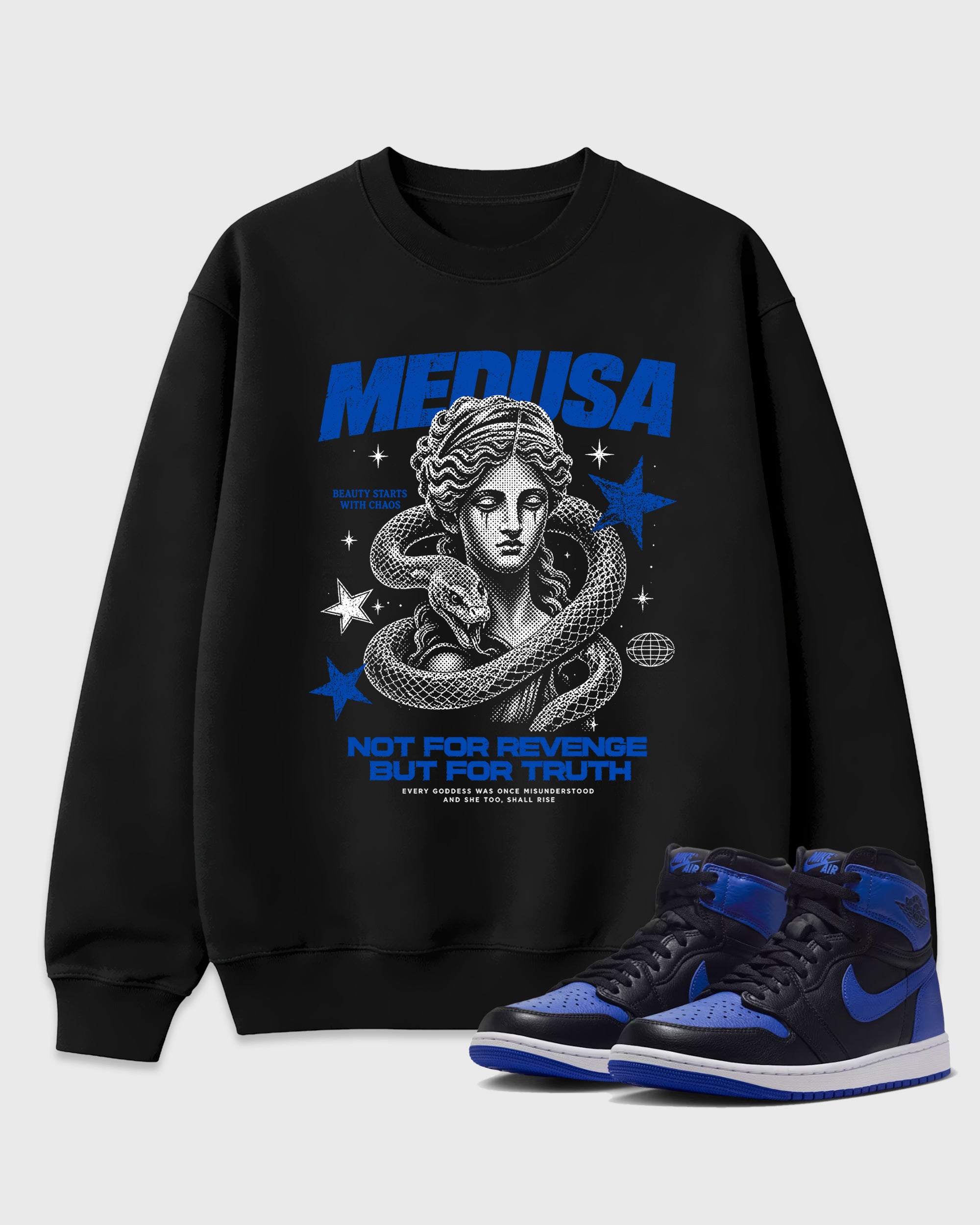 Medusa Graphic T-Shirt featuring original streetwear artwork designed to match the Air Jordan 1 Royal. Black 1 Graphic Tee.