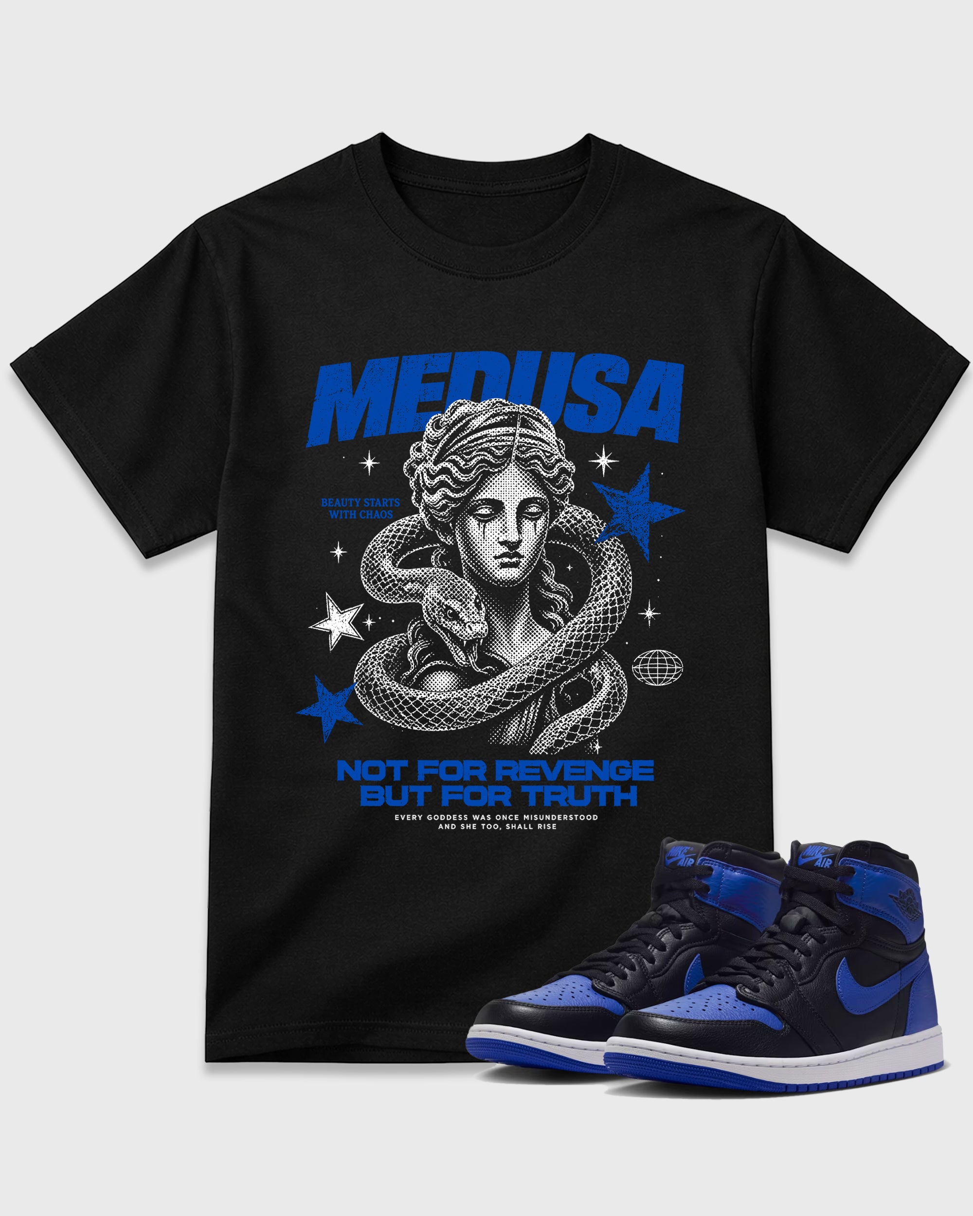 Medusa Graphic T-Shirt featuring original streetwear artwork designed to match the Air Jordan 1 Royal. Black 1 Graphic T-Shirt.