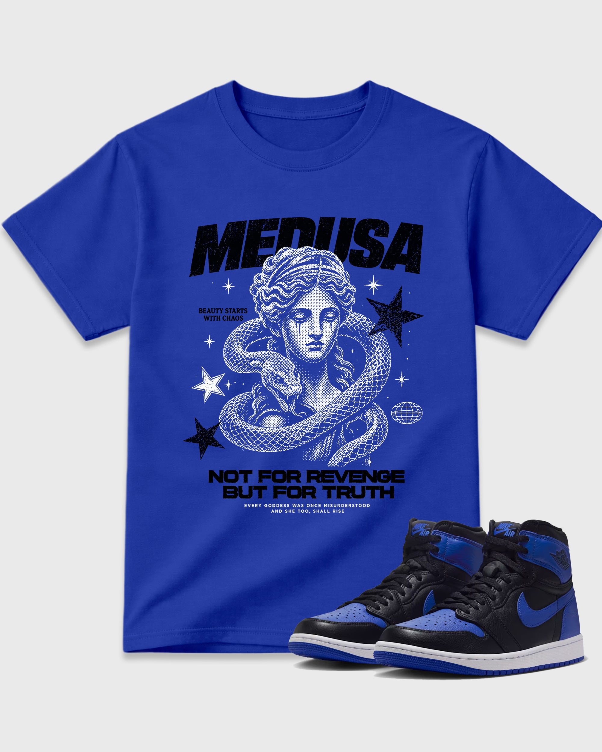 Medusa Graphic T-Shirt featuring original streetwear artwork designed to match the Air Jordan 1 Royal. Royal Blue 1 Graphic T-Shirt.
