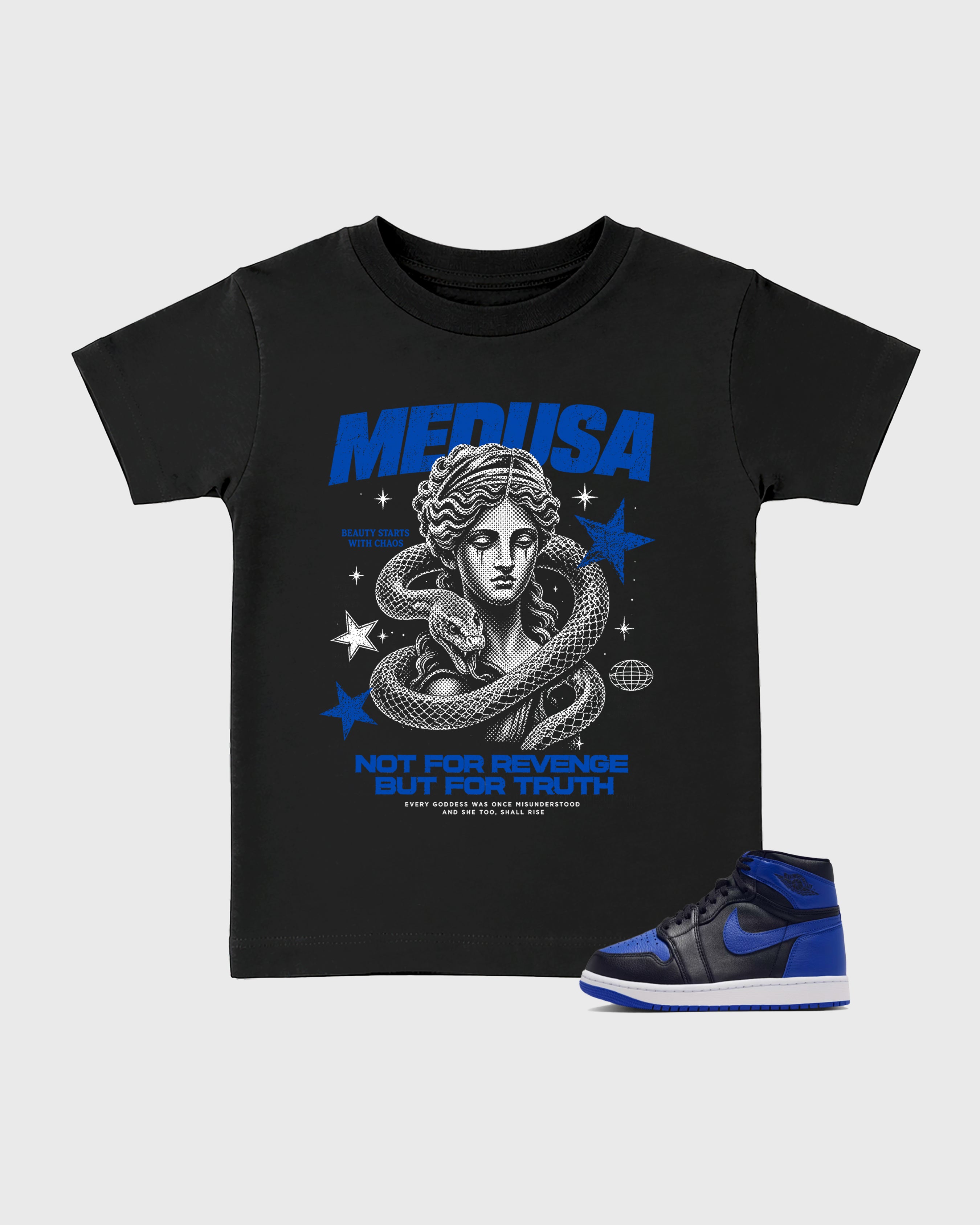 Medusa Baby & Kids Graphic T-Shirt featuring original artwork designed to match the Air Jordan 1 Royal. Black 1 Kids Graphic Tee.