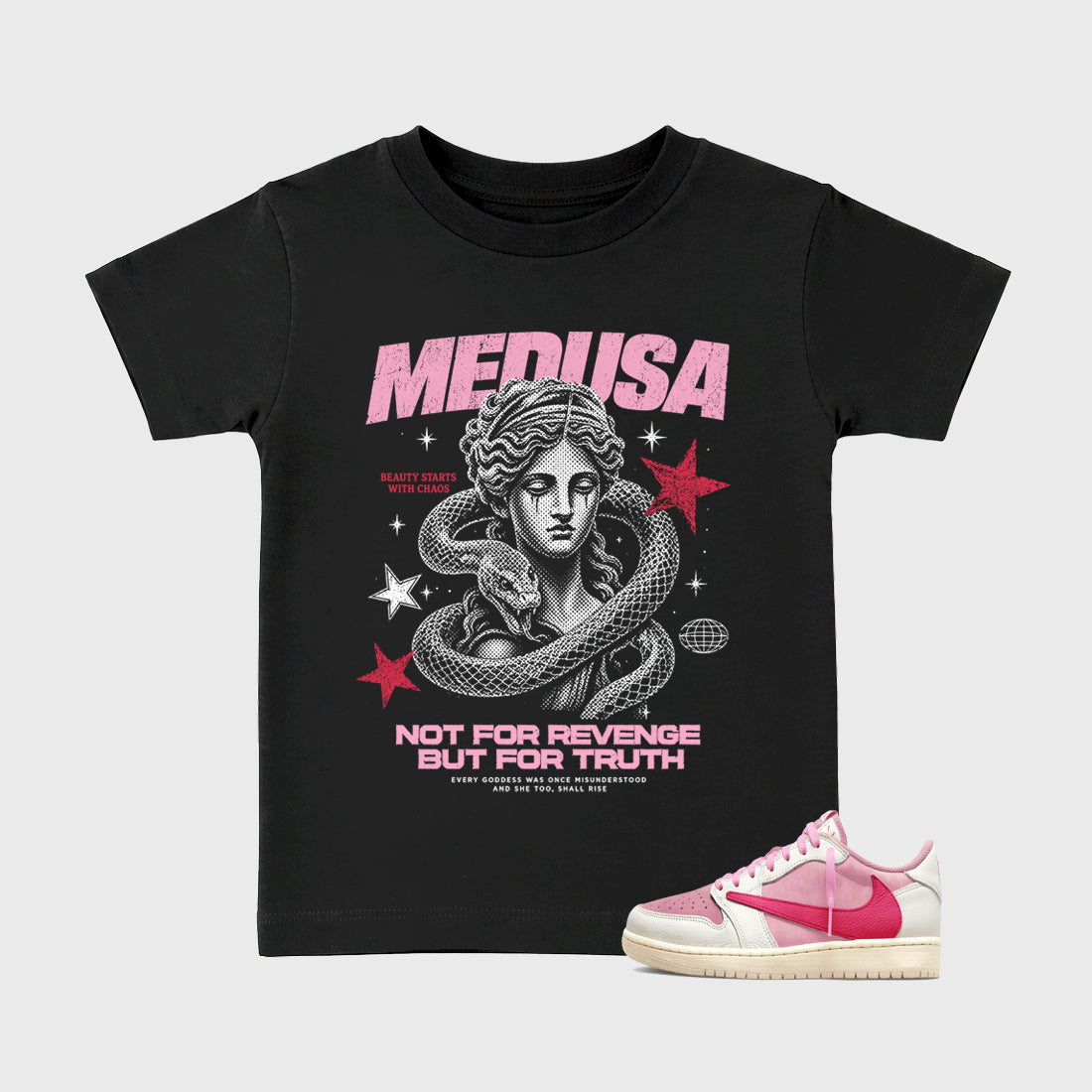 Medusa affordable baby and kids t-shirt designed to match the Jordan 1 Low x Travis Scott Tropical Pink, featuring coordinated Black 1 options for the perfect little sneakerhead streetwear look.