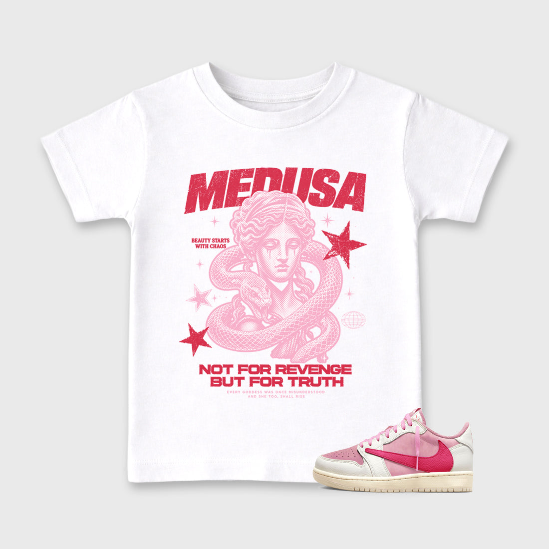 Medusa affordable baby and kids t-shirt designed to match the Jordan 1 Low x Travis Scott Tropical Pink, featuring coordinated White 1 options for the perfect little sneakerhead streetwear look.