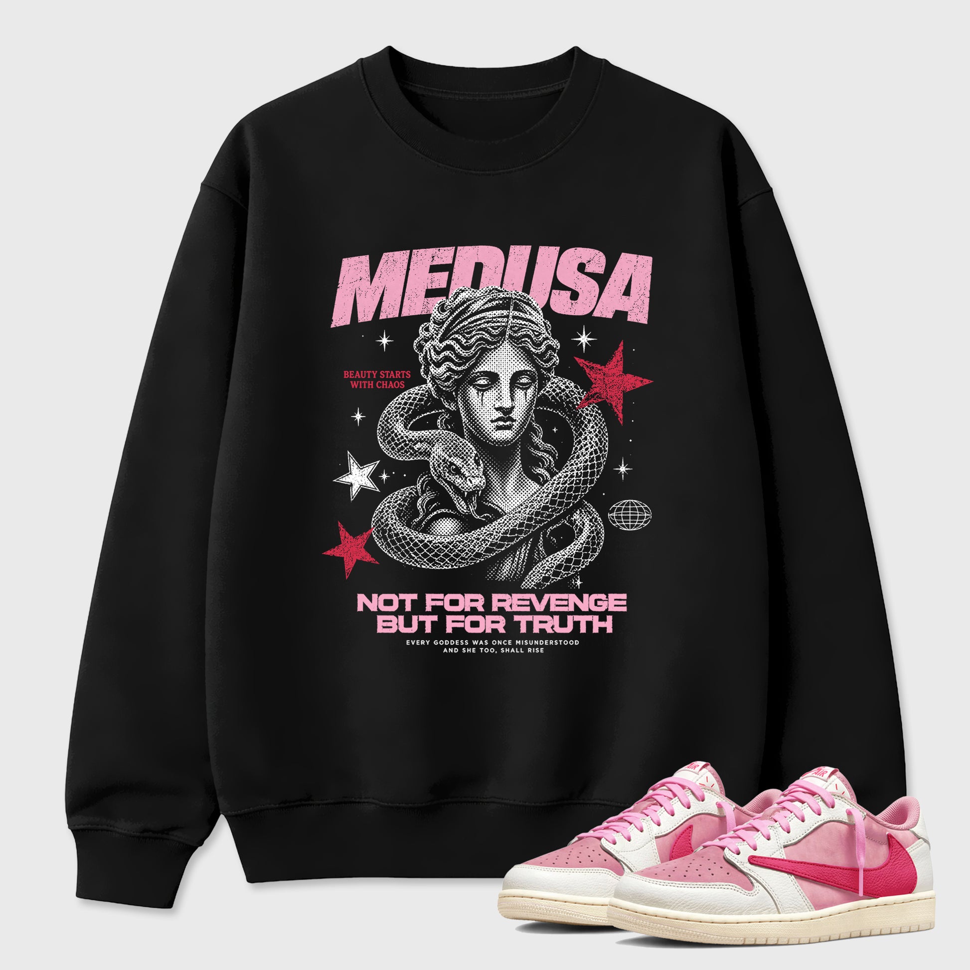 Medusa Graphic T-Shirt sneaker match tee designed for the Jordan 1 Low x Travis Scott Tropical Pink, featuring coordinated color options for a perfect streetwear match. Black 1 shirt.